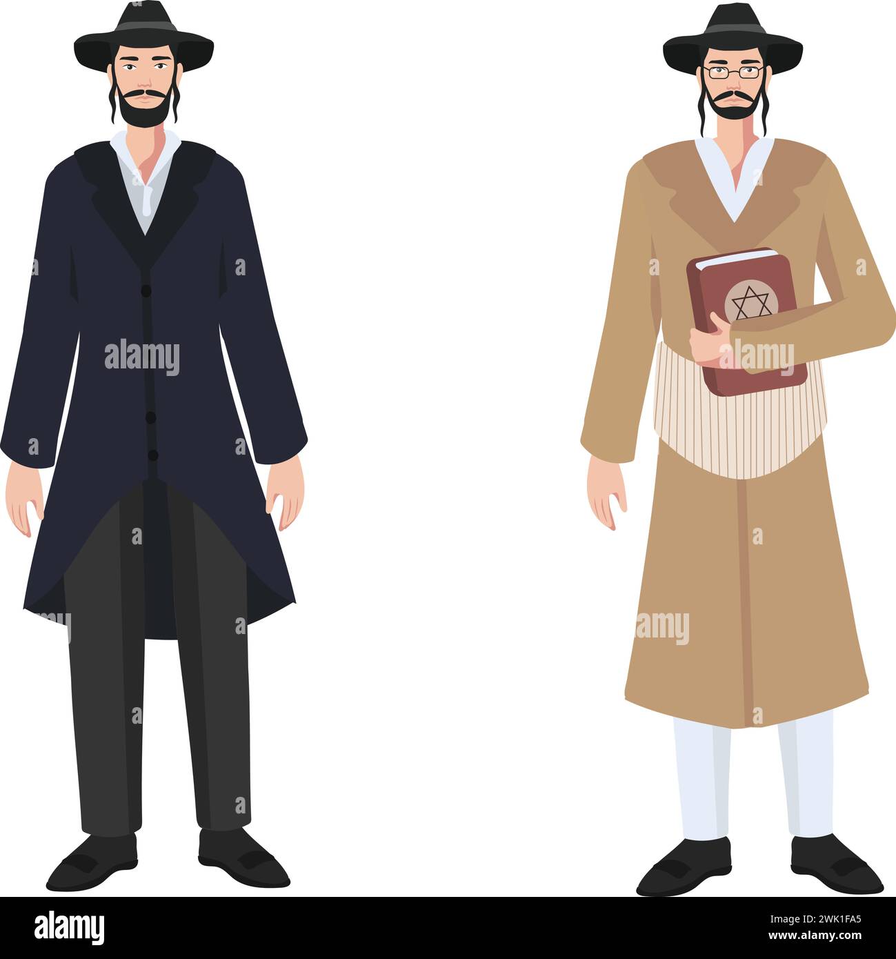 Due ebrei ortodossi, adornati con abiti tradizionali, si alzano solennemente, uno che tiene la sacra Torah. Illustrazione vettoriale. Illustrazione Vettoriale