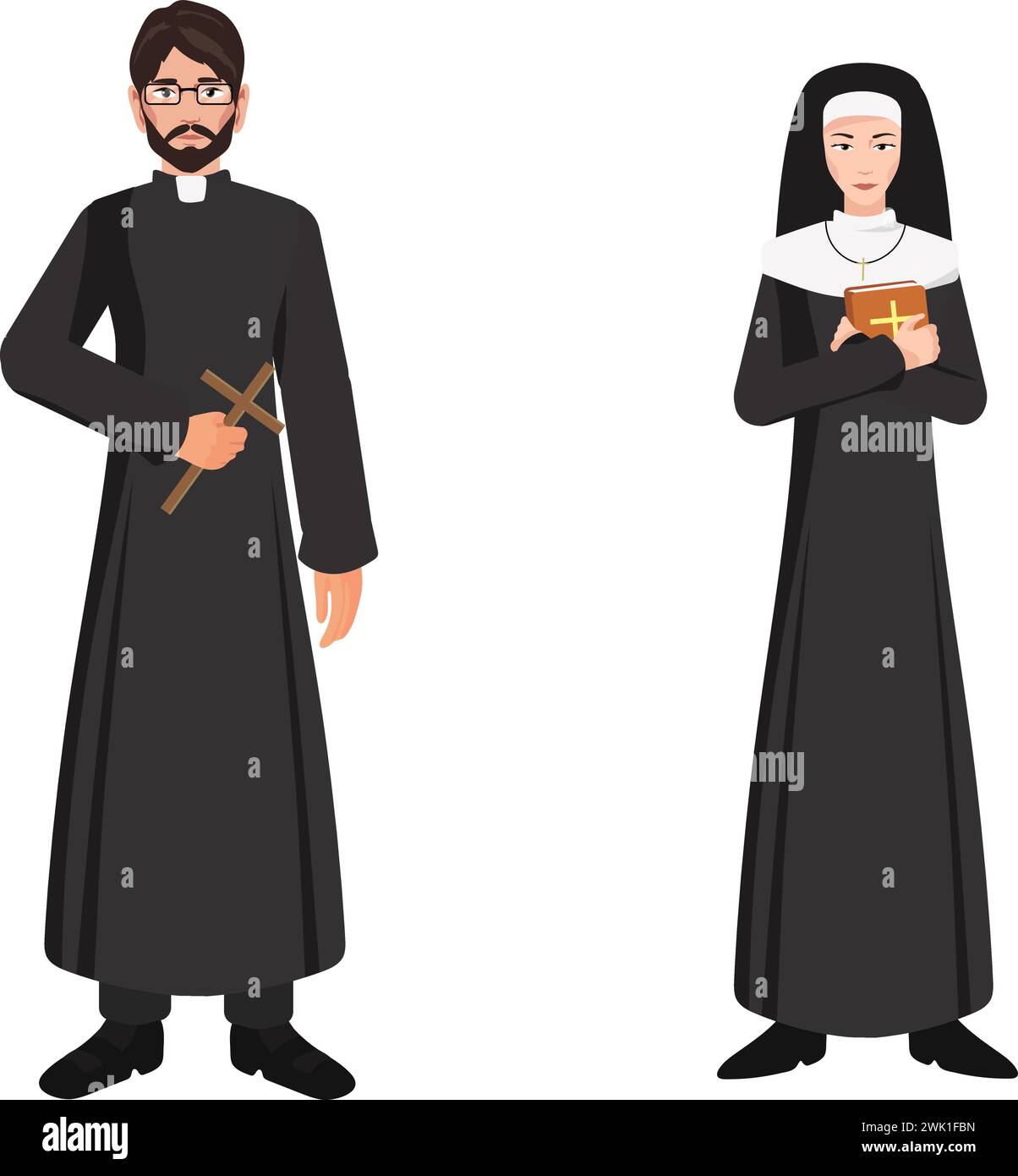 Prete cattolico e suora illustrazione vettoriale isolata su bianco. Prete che tiene la croce e suora che tiene una bibbia. Verticale a tutta lunghezza. Illustrazione Vettoriale