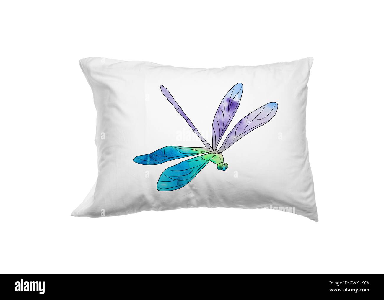 Cuscino morbido con libellula stampata isolato su bianco Foto Stock