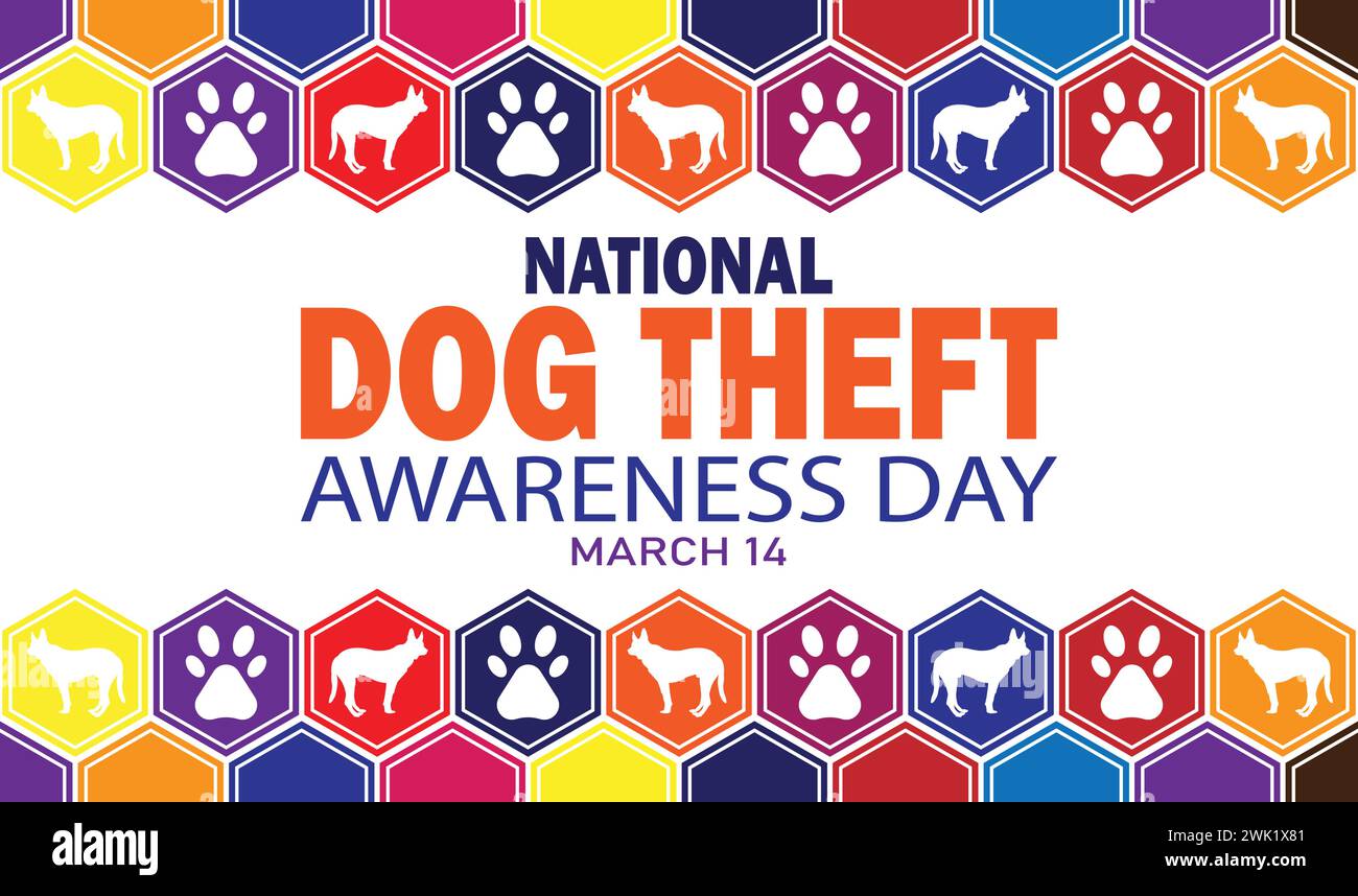 National Dog Theft Awareness Day carta da parati colorata con forme e tipografia. National Dog Theft Awareness Day, background Illustrazione Vettoriale