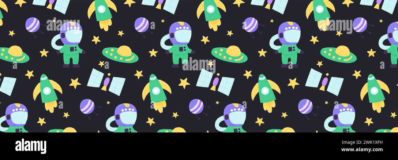 Baby cute motivo senza cuciture con elementi spaziali su sfondo scuro. Stile cartone animato piatto disegnato a mano. Illustrazione vettoriale Illustrazione Vettoriale