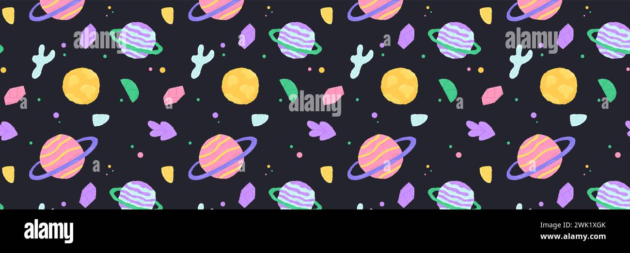 Baby cute motivo senza cuciture con elementi spaziali su sfondo scuro. Stile cartone animato piatto disegnato a mano. Illustrazione vettoriale Illustrazione Vettoriale