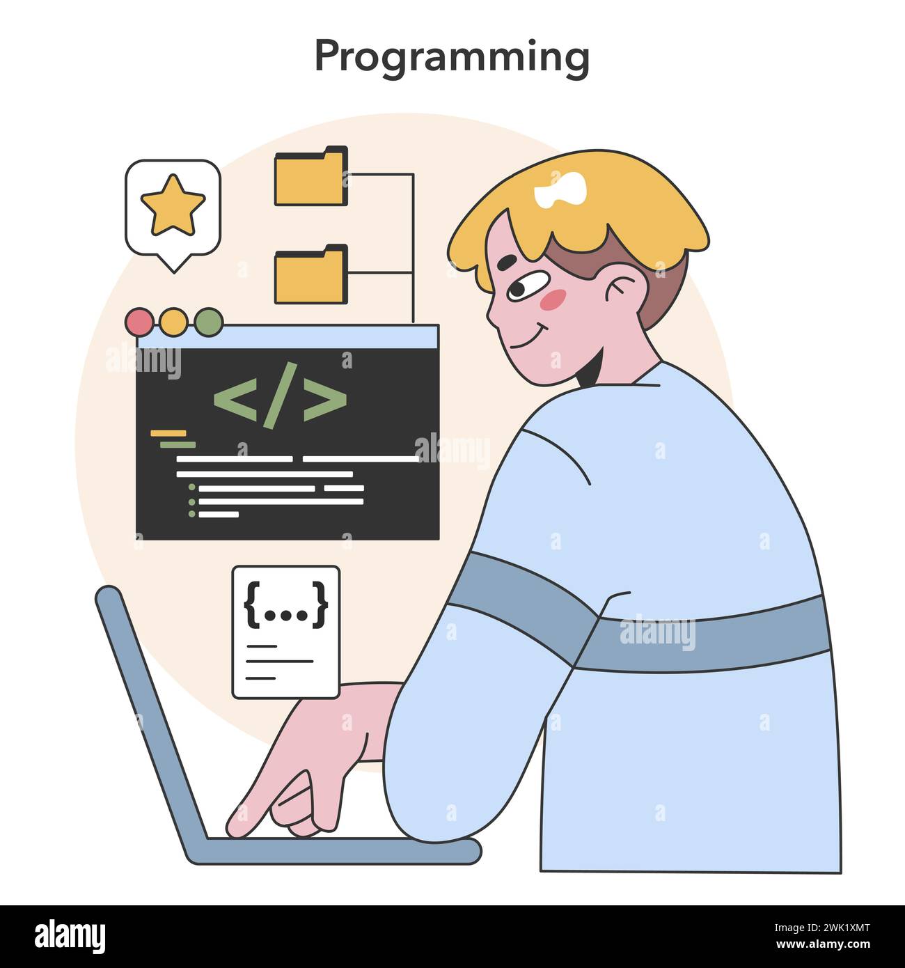Concetti fondamentali di programmazione. Codifica mirata per sviluppatori su laptop con HTML e CSS. Linguaggi di programmazione e sviluppo software. Illustrazione vettoriale piatta Illustrazione Vettoriale