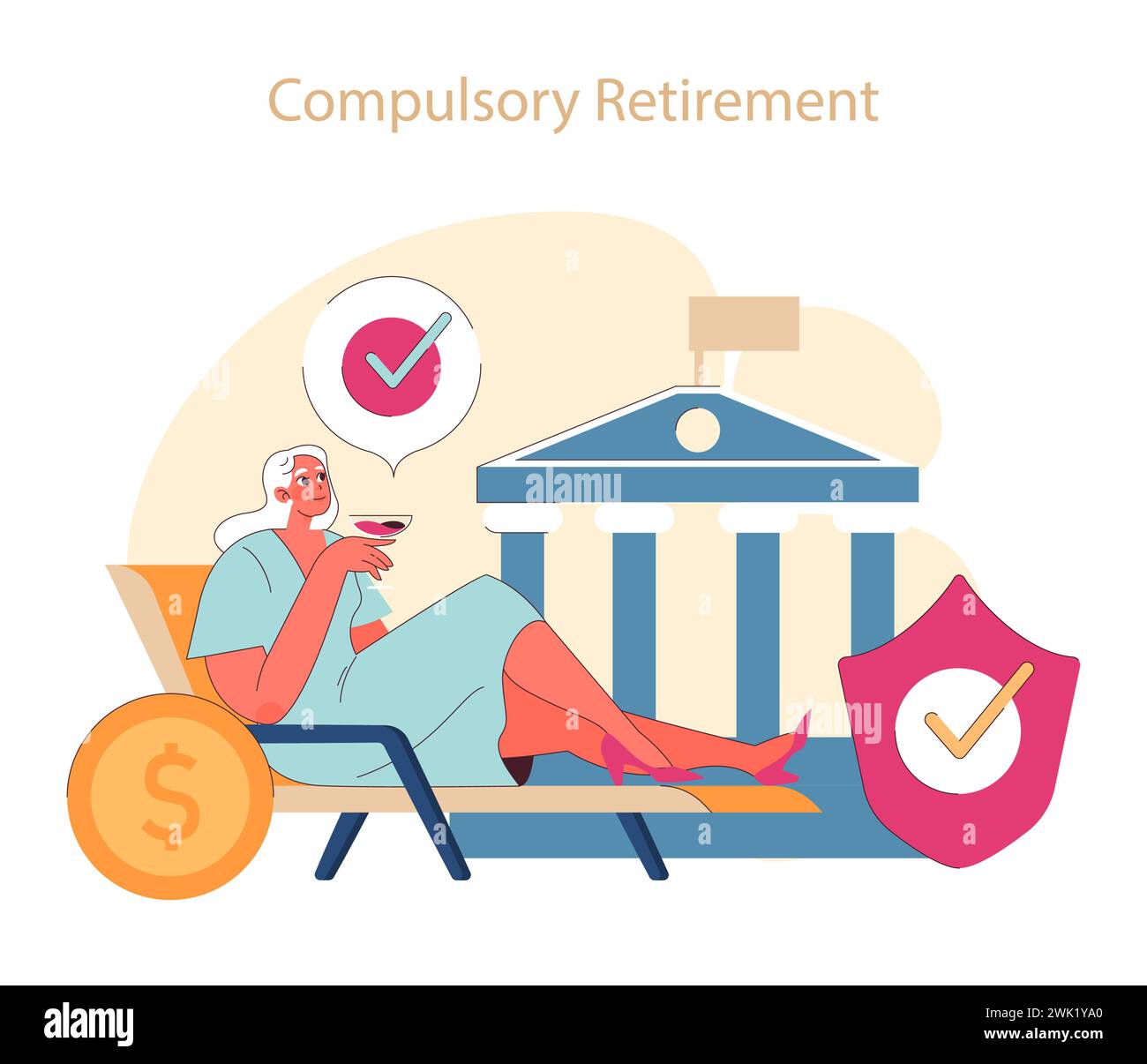 Concetto di pensione obbligatoria. Senior rilassato che gode della stabilità finanziaria garantita da un piano pensionistico strutturato. Assicurazione nella vita successiva. Illustrazione Vettoriale