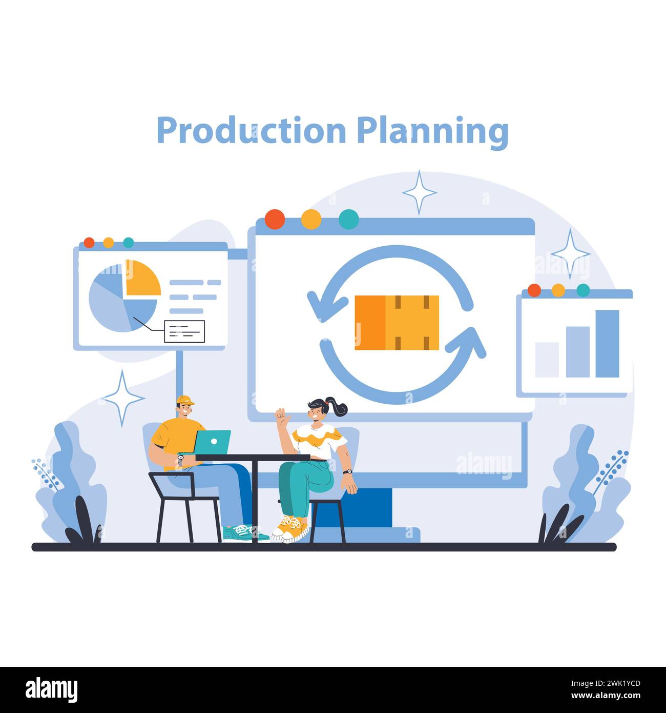 Concetto di pianificazione della produzione. Ottimizzazione collaborativa dei processi con analisi dei dati in tempo reale. Visualizzazione del flusso di lavoro per l'eccellenza operativa. Illustrazione vettoriale piatta. Illustrazione Vettoriale