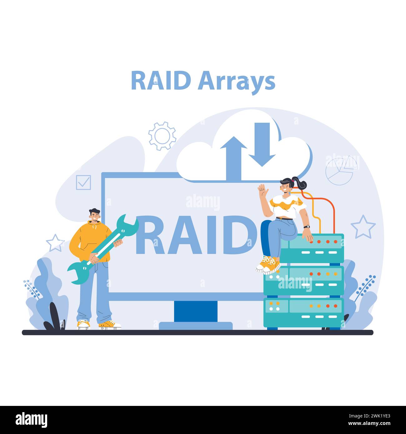 Concetto di array RAID. Illustrando solide soluzioni di ridondanza e ripristino dei dati. Garantire un accesso ininterrotto ai dati con la tecnologia RAID. Illustrazione vettoriale piatta. Illustrazione Vettoriale