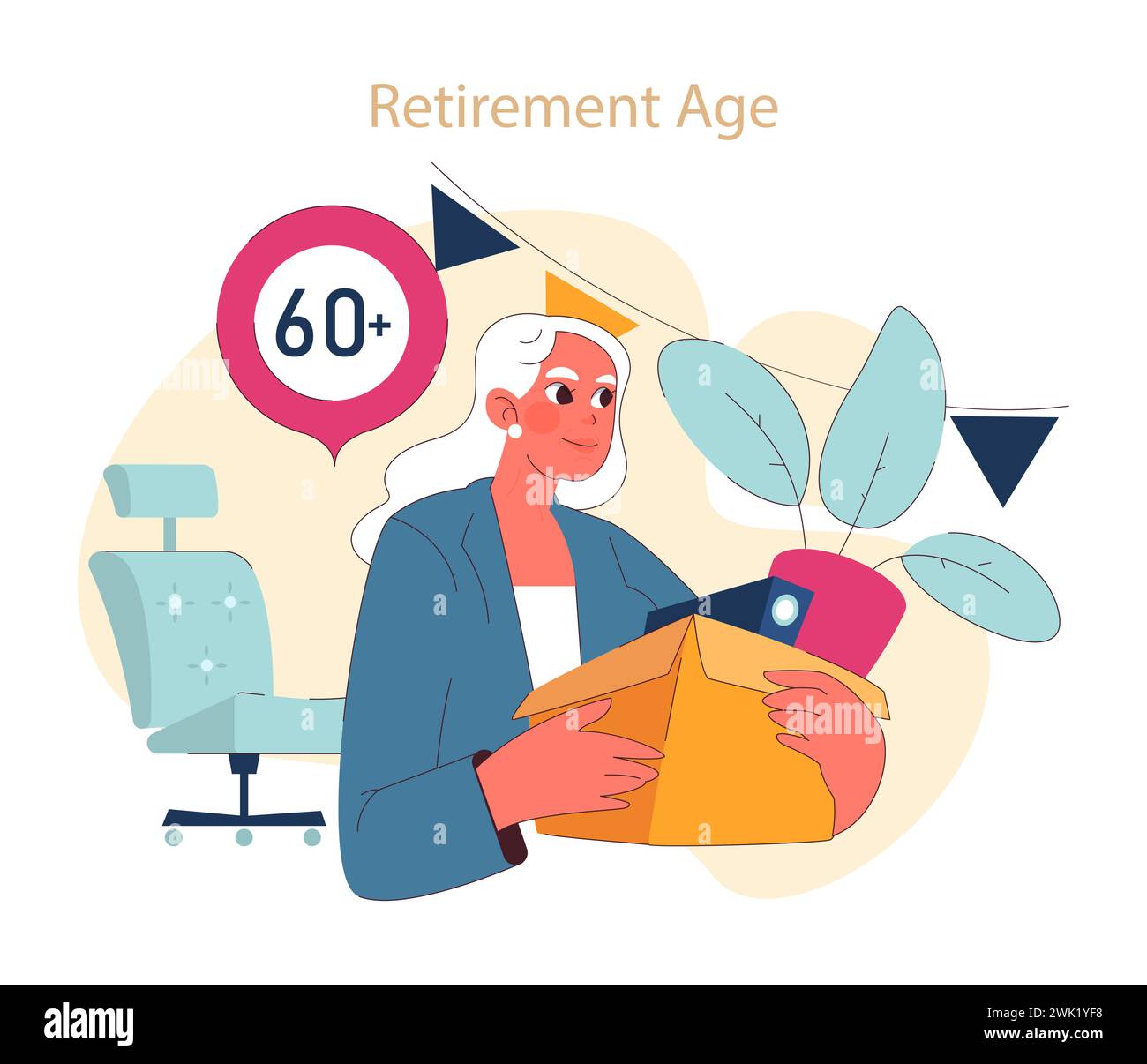 Abbracciare il concetto di età pensionabile. Un contenuto senior passa al pensionamento, un nuovo capitolo segnato da età e saggezza. Illustrazione Vettoriale