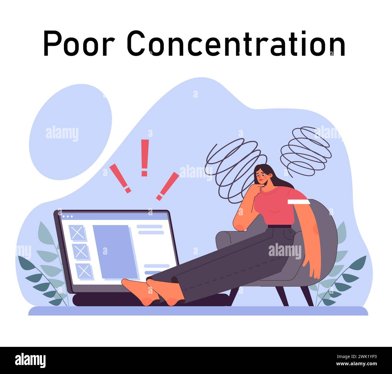 Disturbo da stress post traumatico. Personaggio femminile che soffre di disturbi mentali, che si occupa di disperazione, paura e dolore. Ansia e depressione. Illustrazione vettoriale piatta Illustrazione Vettoriale