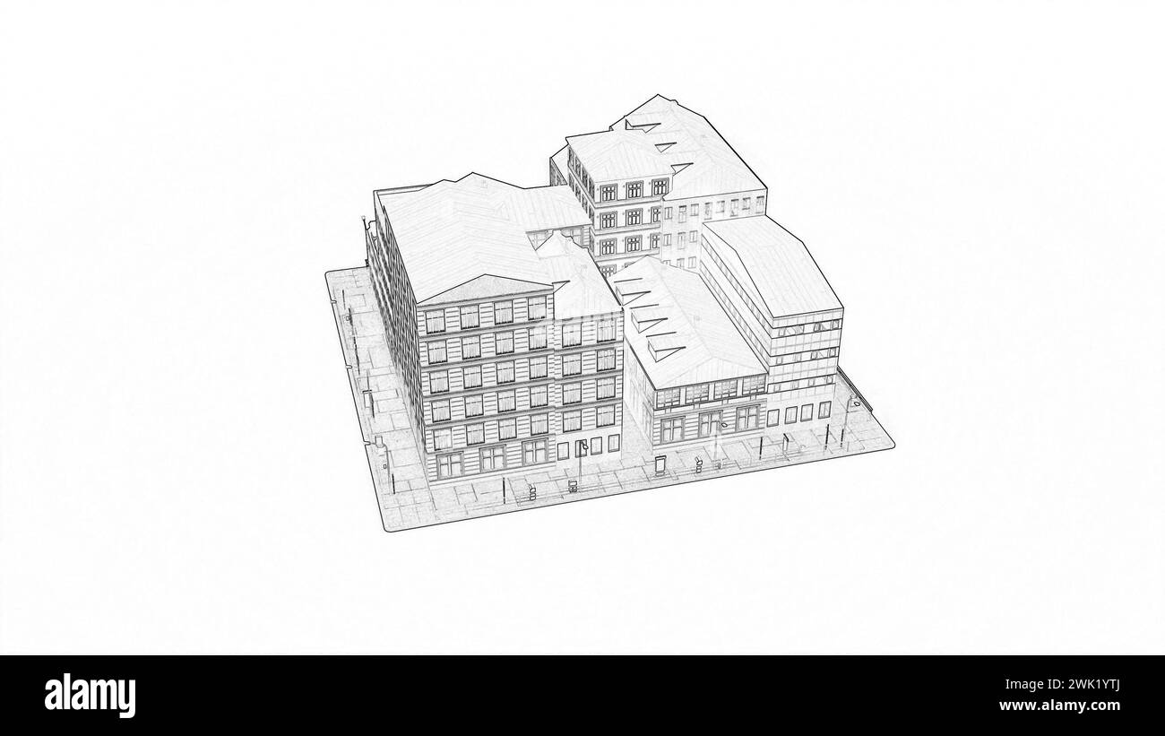 Il disegno delle case del blocco sposta rendering 3d. Foto Stock