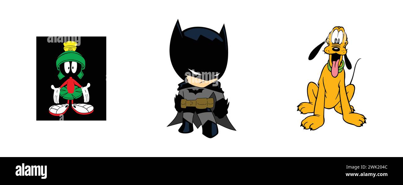 Plutone, Marvin il Marziano, mini batman. Collezione di loghi editoriali per arti e design. Illustrazione Vettoriale