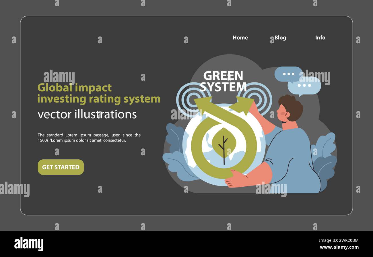Sistema di investimento a impatto globale. Valutare la governance ambientale e sociale. Investire con una visione sostenibile. Illustrazione vettoriale piatta. Illustrazione Vettoriale