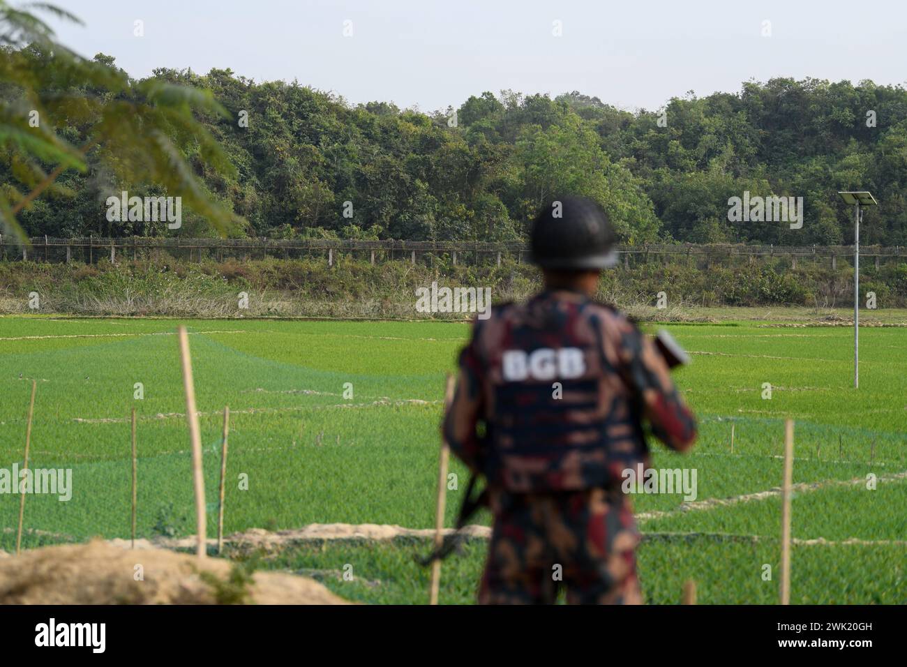 Bandarban, Bangladesh. 13 febbraio 2024. Un membro del BGB è in guardia nell'area di Naikhongchori vicino al confine tra Bangladesh e Myanmar nel distretto di Bandarban in Bangladesh. Il conflitto del BGP con l'Armata Arakan, un gruppo di ribelli armati in Myanmar, continua senza sosta. Colpi prolungati, il rumore di proiettili di mortaio scoppiava attraverso la zona di confine tra Bangladesh e Myanmar. Proiettili e proiettili di mortaio sparati dal Myanmar stanno attraversando il confine nelle città del Bangladesh. Credito: SOPA Images Limited/Alamy Live News Foto Stock