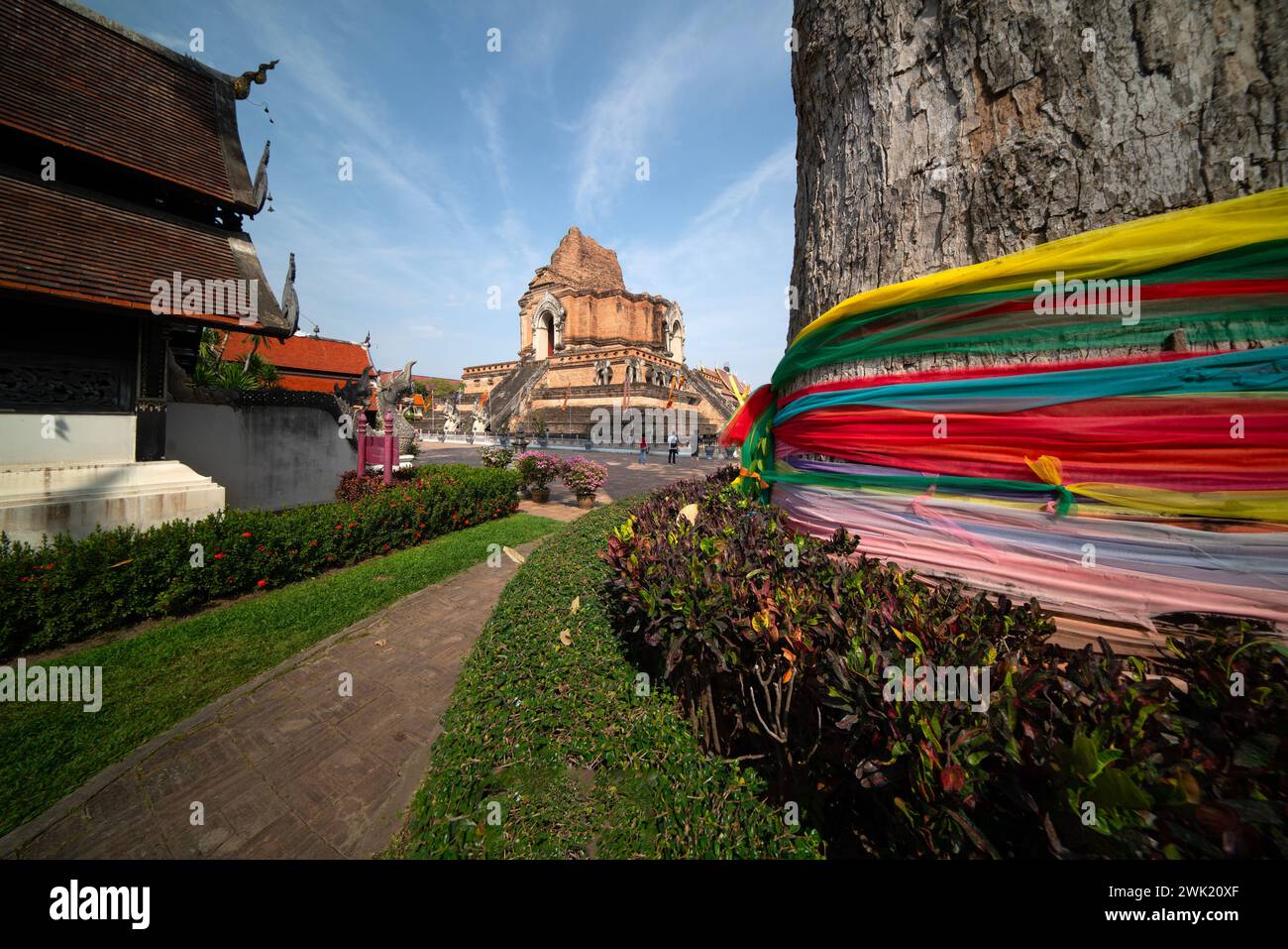 CHIANG mai , THAILANDIA - 17 FEBBRAIO 2024, il tour dei viaggiatori intorno al tempio Wat Jedi Luang a Chiang mai, Thailandia. Foto Stock