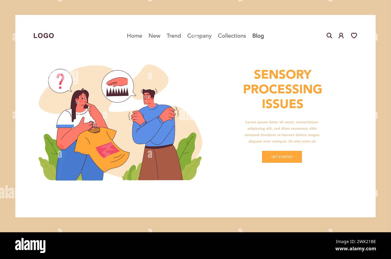 Descrizione approfondita dei problemi di elaborazione sensoriale, catturando la confusione e il disagio che devono affrontare gli individui con sensibilità sensoriali. Illustrazione vettoriale piatta Illustrazione Vettoriale