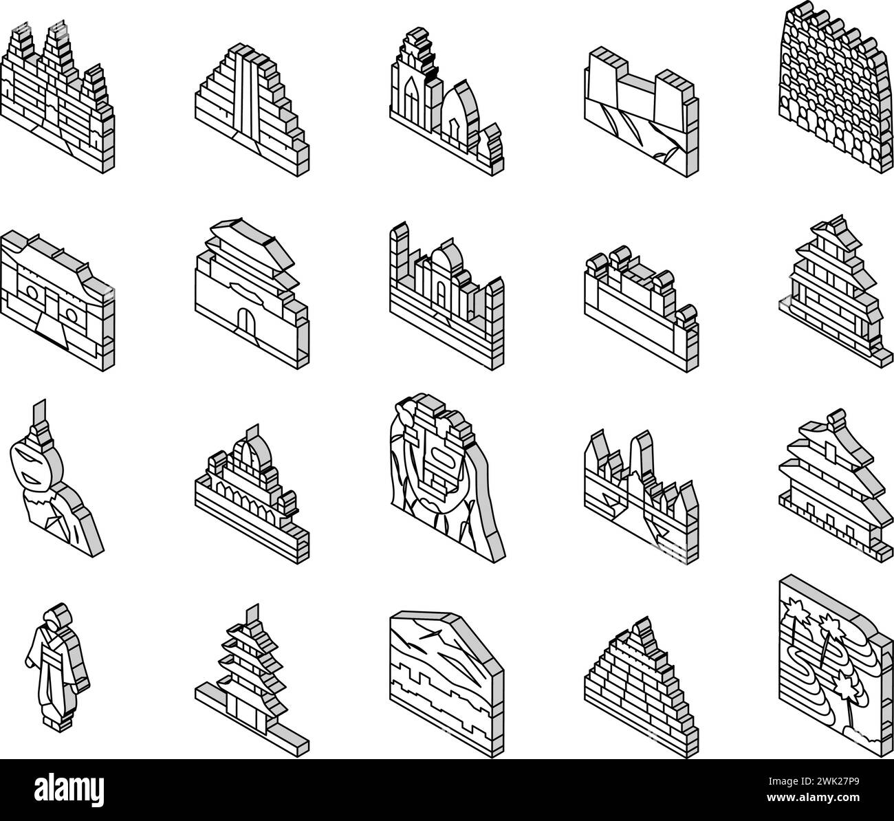 Le icone isometriche Asia Building e Land Scape impostano il vettore Illustrazione Vettoriale