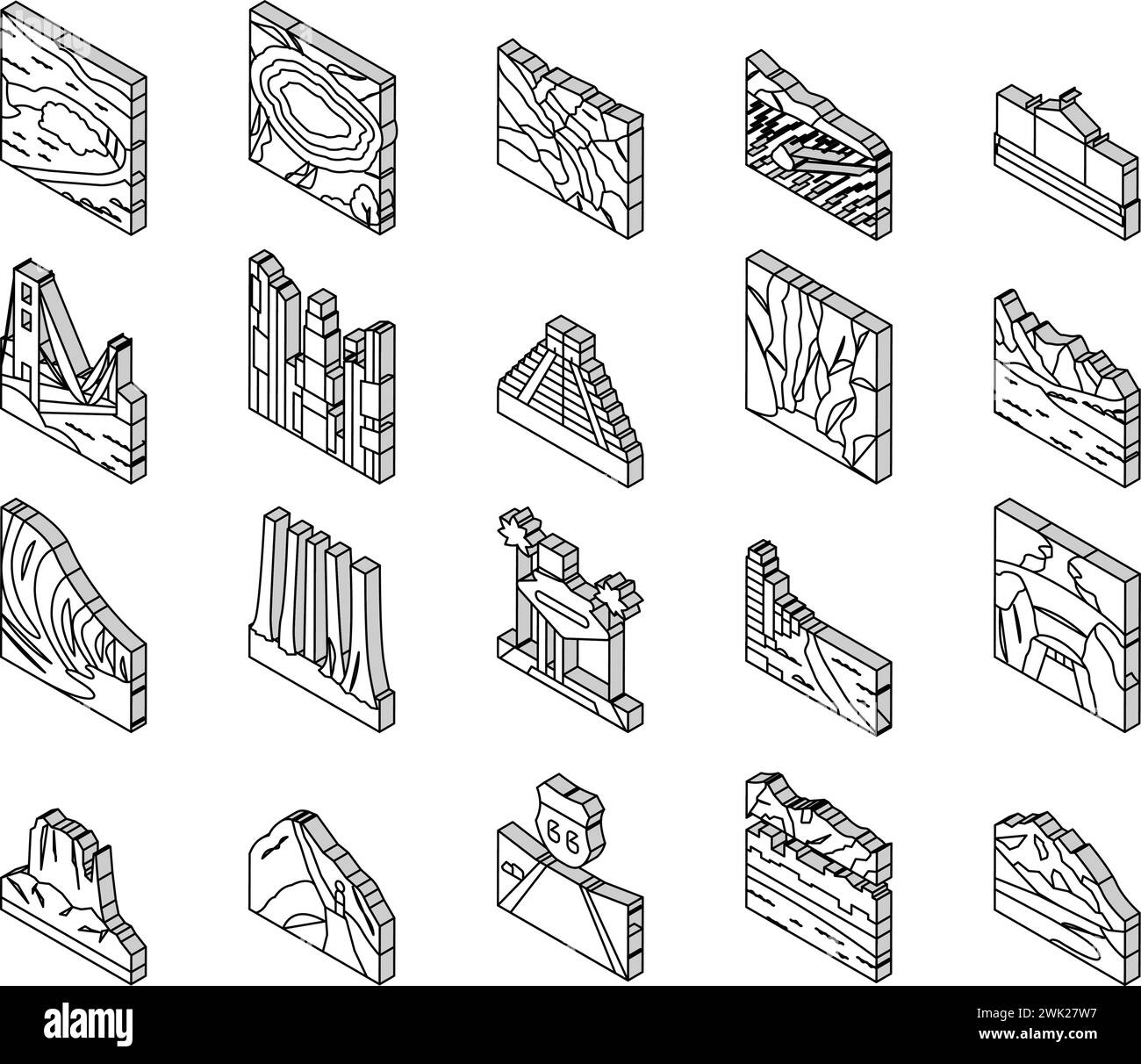 Le icone isometriche Landscape famose del Nord America impostano il vettore Illustrazione Vettoriale