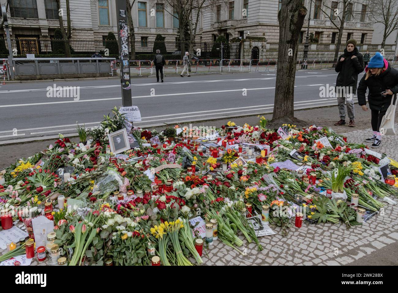 Berlino, Germania. 17 febbraio 2024. Fiori in un memoriale improvvisato di fronte all'ambasciata russa a Berlino dopo la morte del leader dell'opposizione russa Alexey Navalny. Credito: SOPA Images Limited/Alamy Live News Foto Stock