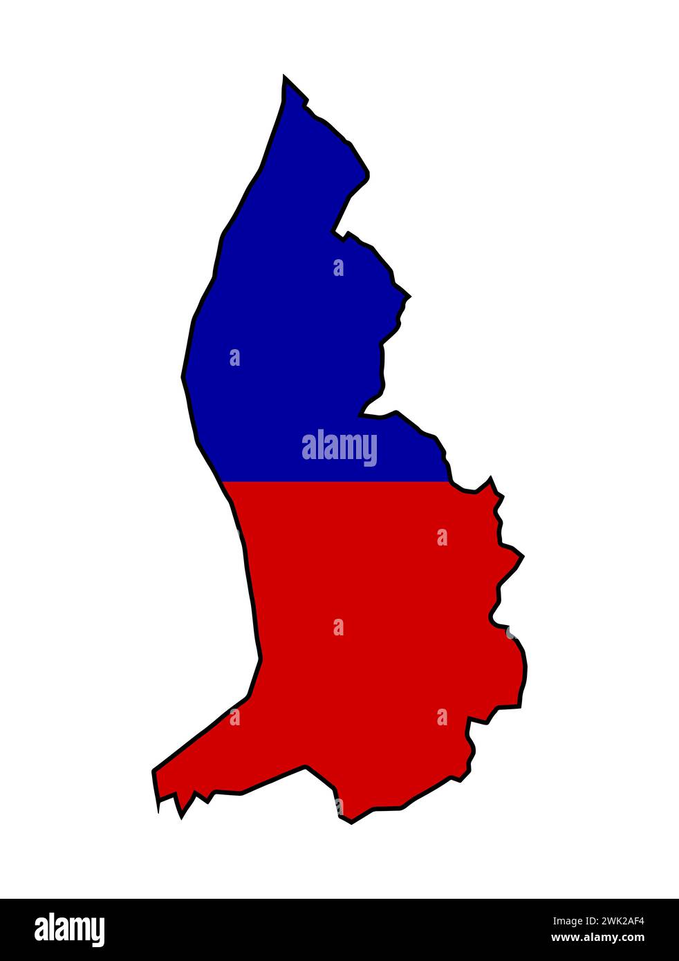 Sagoma della mappa del Liechtenstein nei colori della bandiera nazionale su sfondo bianco Foto Stock