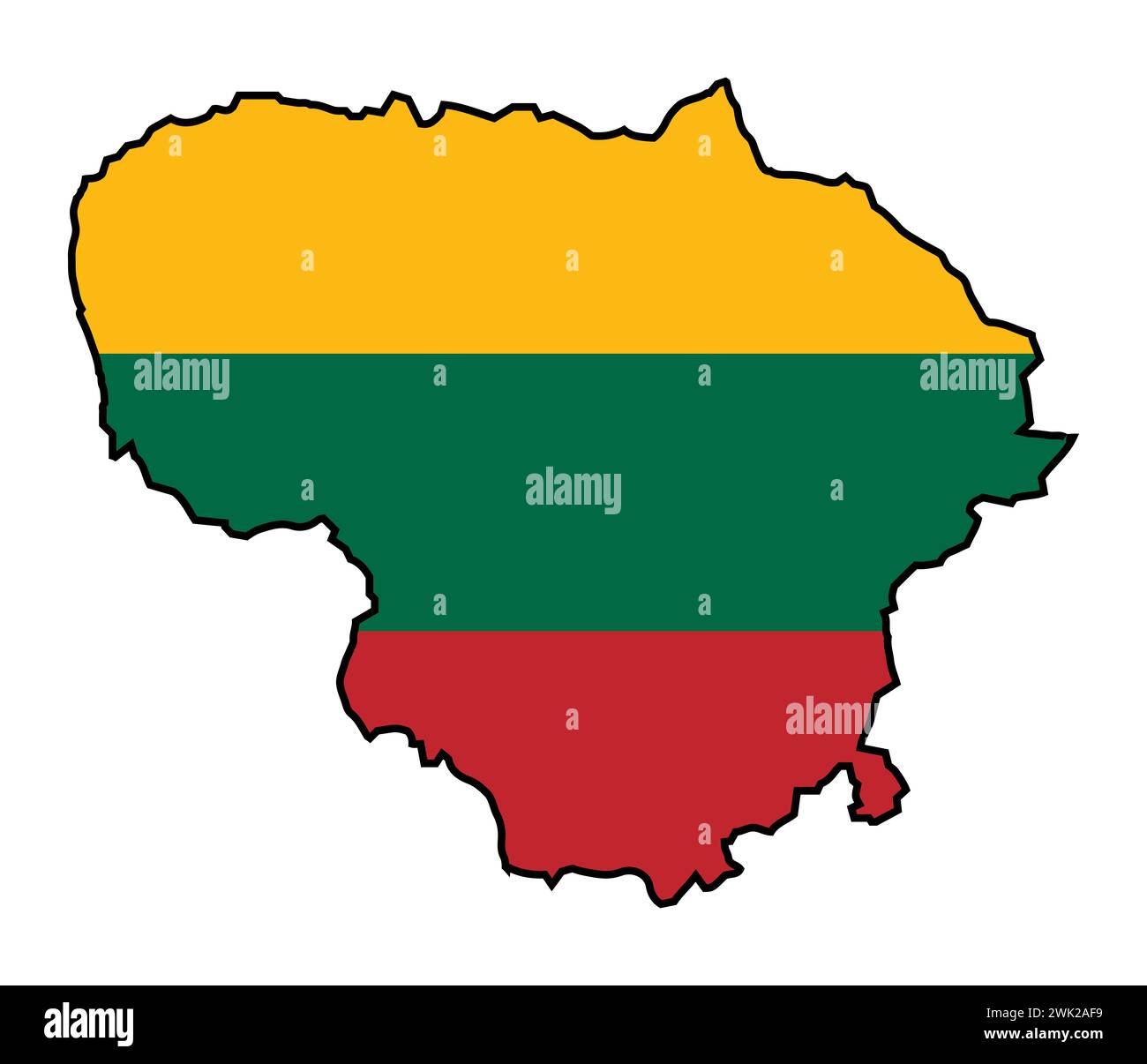 Mappa sagomata della Lituania su uno sfondo bianco con l'inserto della bandiera nazionale Foto Stock
