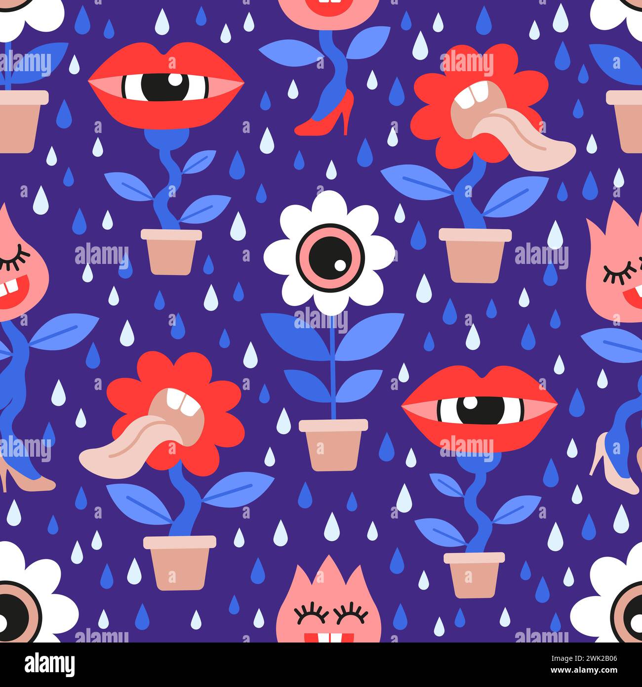 Motivo senza cuciture di piante folli in stile cartoni animati piatto. Fiori vettoriali disegnati a mano e api in stile cartoni animati piatto su blu scuro Illustrazione Vettoriale