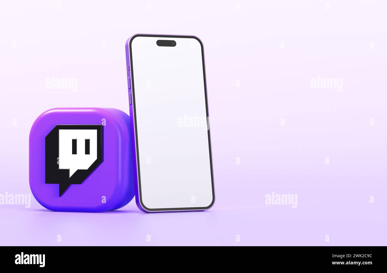 Valencia, Spagna - febbraio 2024: Icona dell'app Twitch con un mockup per cellulare per un modello di social media marketing in rendering 3D. Twitch è un grande li Foto Stock