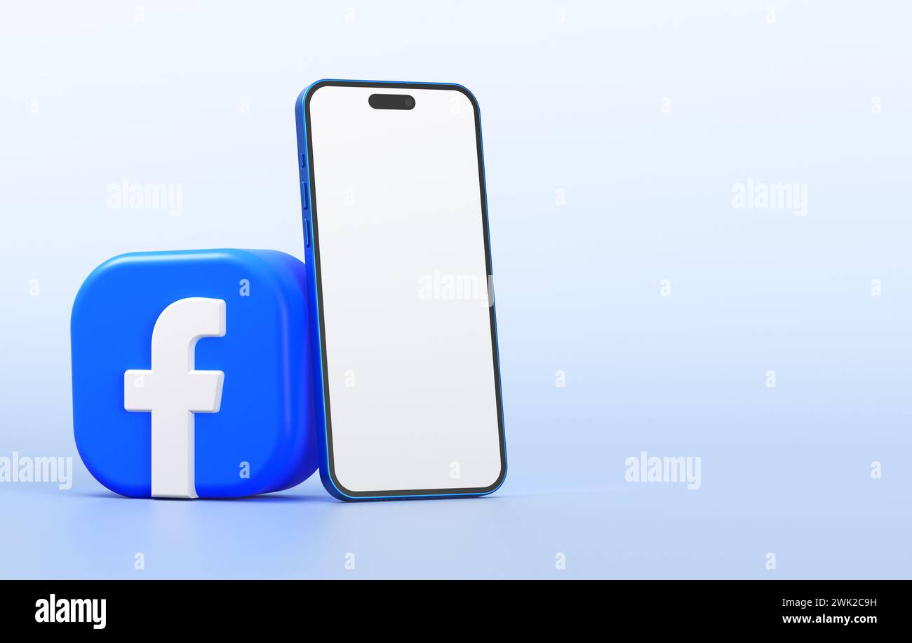 Valencia, Spagna - febbraio 2024: Icona dell'app di Facebook con un modello di telefono cellulare per un modello di social media marketing in rendering 3D. Facebook è un po Foto Stock