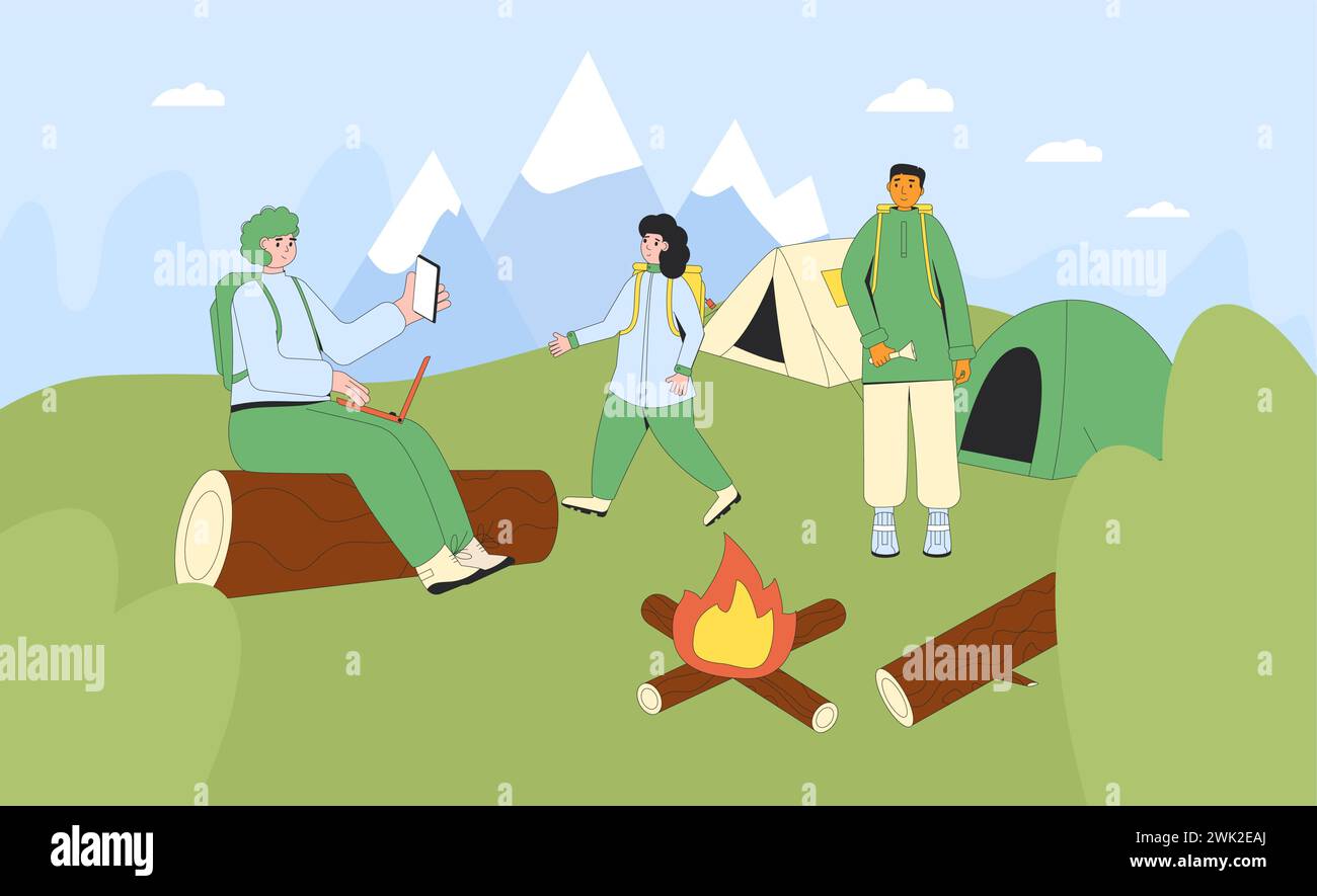 Viaggi in famiglia, campeggio per turisti. Picnic per le vacanze dei personaggi escursionistici. Spedizione con la gente. Madre, padre e figlia nella foresta. Illustrazione piatta vettoriale Illustrazione Vettoriale