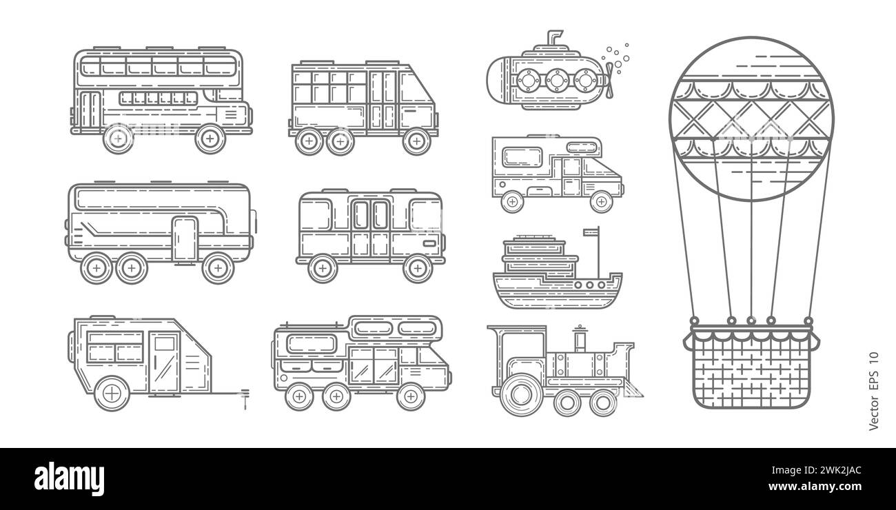 Icone dei trasporti su sfondo bianco. Autobus, auto, treno per i viaggi. Casa su ruote. Imposta le icone delle linee vettoriali in un design piatto. Illustrazione vettoriale Illustrazione Vettoriale