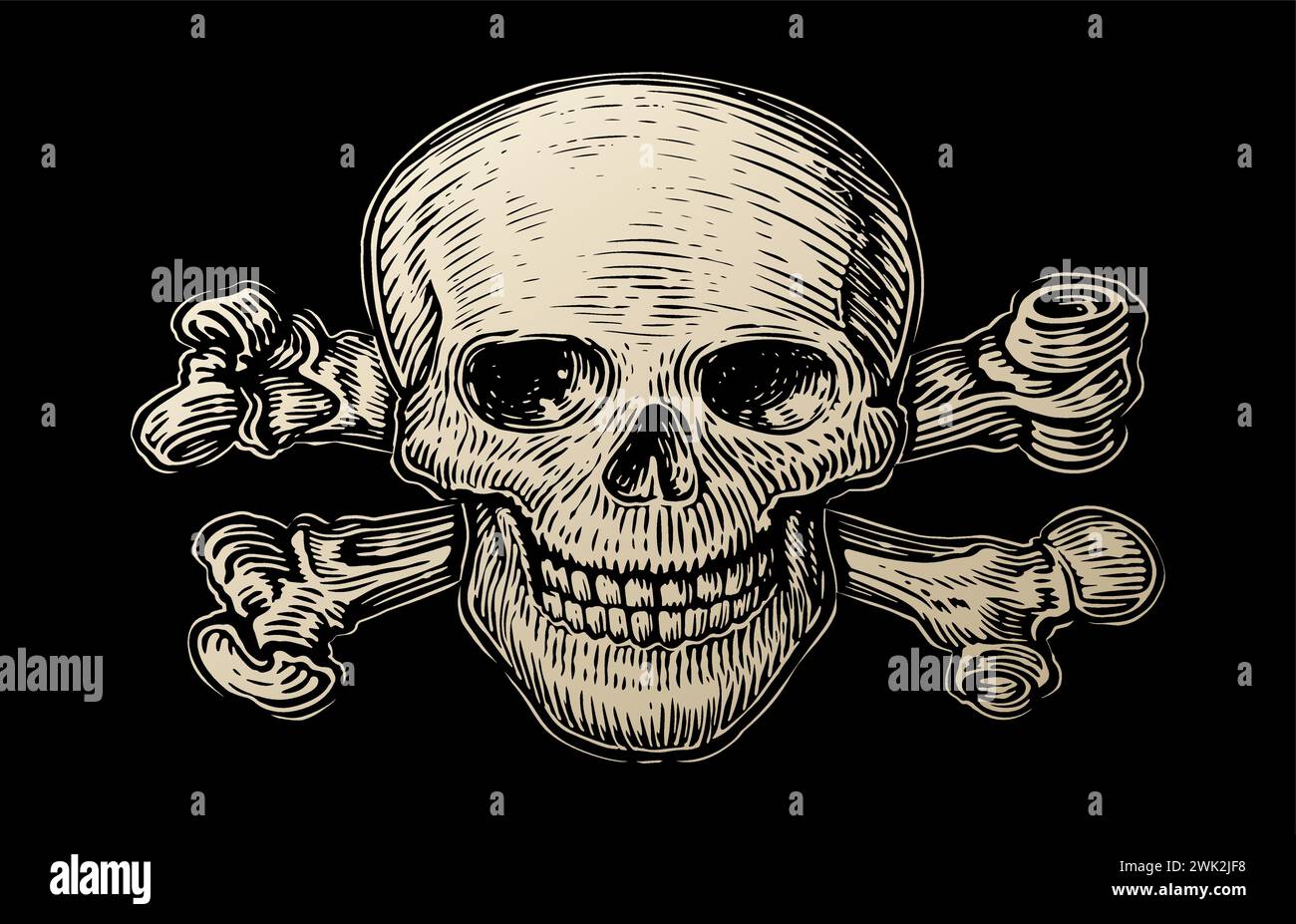 Cranio umano su sfondo nero. Bandiera dei pirati con la malvagia Jolly Roger con le ossa incrociate. Illustrazione vettoriale vintage Illustrazione Vettoriale