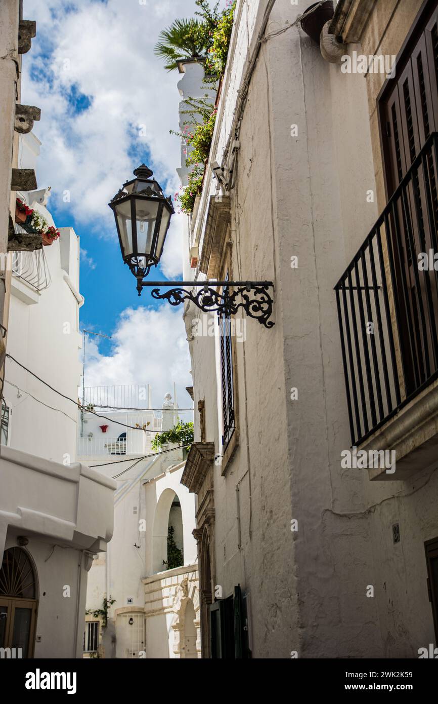 Una vista di Ostuni, Italia, di notte. La città Bianca è adagiata su una collina che si affaccia sul Mare Adriatico in Puglia, Italia. La foto mostra una fila di edifici bianchi. Gli edifici sono tutti di diverse forme e dimensioni, ma sono tutti dipinti di bianco, il che dona alla città il suo aspetto unico. Foto Stock