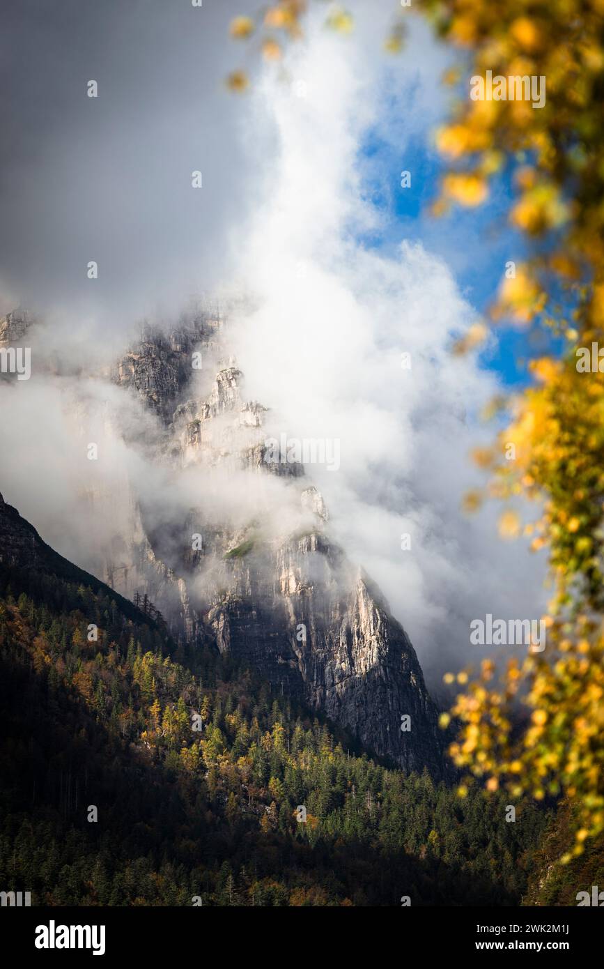 Intorno alle formazioni rocciose delle Dolomiti di Brenta si raccolgono nuvole di fronte a una foresta di montagna dai colori autunnali, Malfein, Trentino, Italia Foto Stock