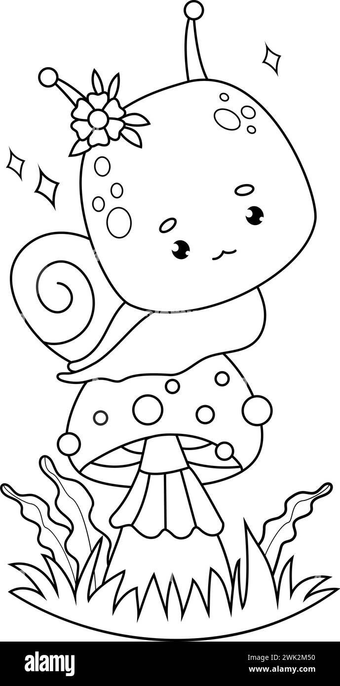 Simpatico personaggio di lumaca. Insetto comico sui funghi. Disegno al tratto, libro da colorare. Collezione bambini. Illustrazione vettoriale Illustrazione Vettoriale