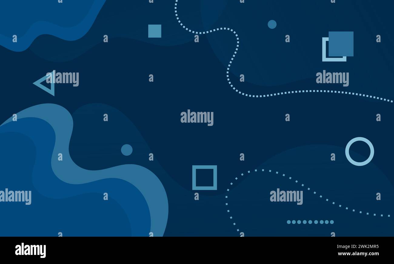 Moderno sfondo blu scuro o navy con elementi astratti piatti e forme dinamiche. Poster art. Illustrazione vettoriale. Progettazione di modelli per un'idea creativa Illustrazione Vettoriale