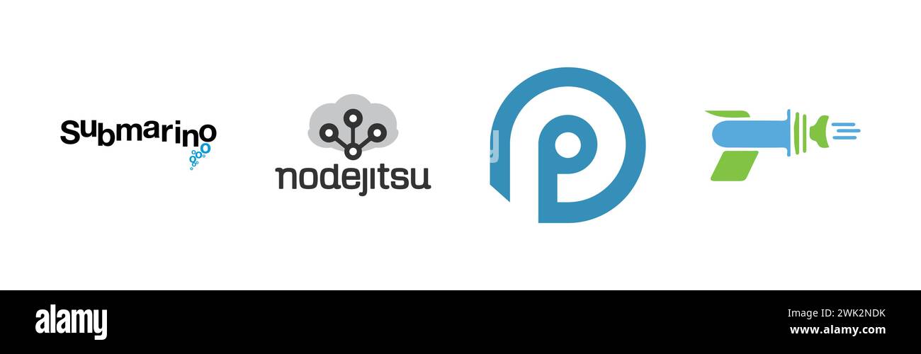 CodePush, Submarino, ProcessWire, Nodejitsu, popolare collezione di logo del marchio. Illustrazione Vettoriale