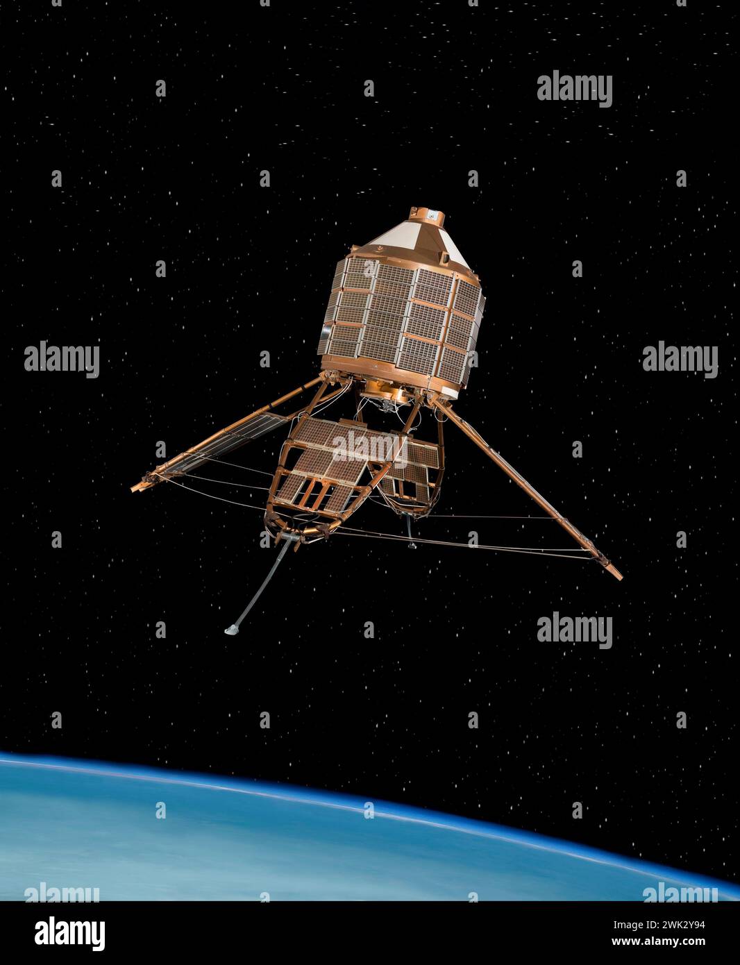Modello del satellite spaziale Ariel per la ricerca scientifica. Al di sopra dell'orizzonte terrestre alle stelle. Esperimenti su radiazioni elettromagnetiche e particelle cariche di energia Foto Stock