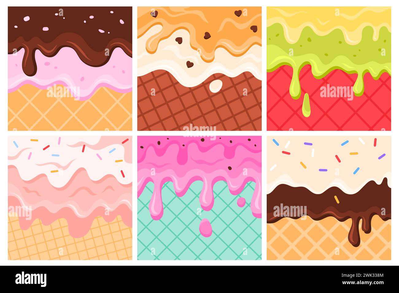 Gocce di gelato si sciolgono e fluiscono sullo strato di waffle, set di modelli di sfondi. Gocce liquide lucide da dessert, spruzzi di sciroppo, spruzzi di cioccolato e caramelle in striscioni di cartoni animati, illustrazione vettoriale Illustrazione Vettoriale