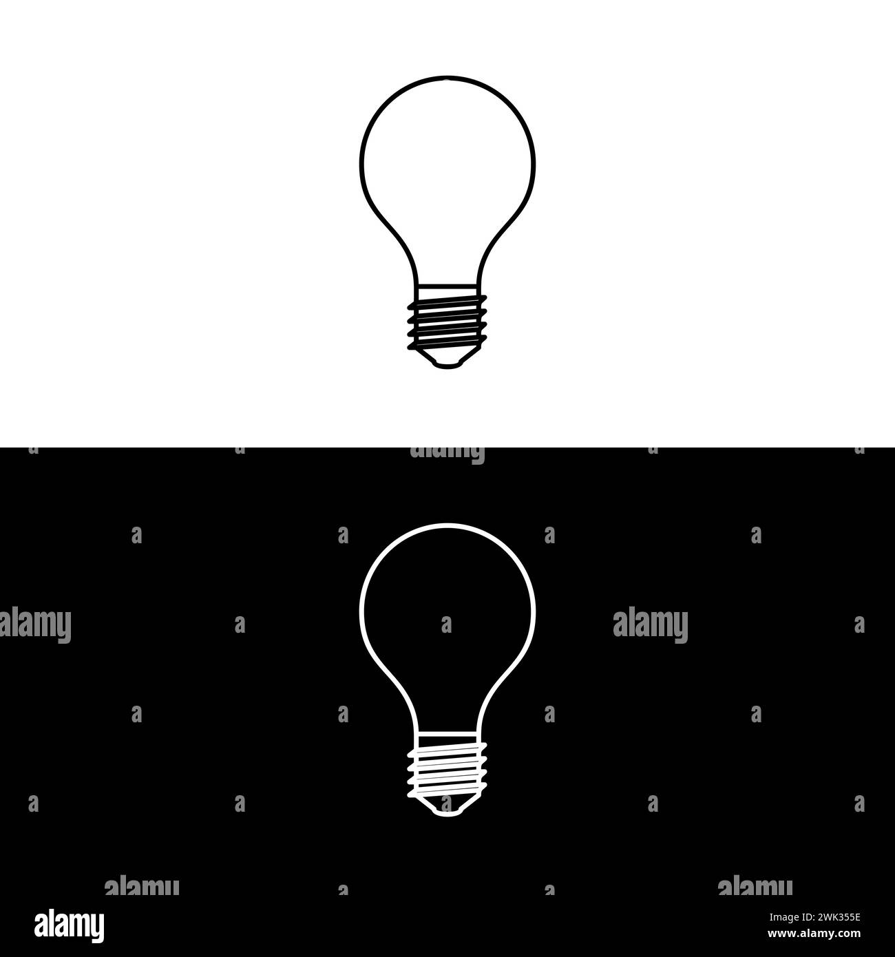 Vettore dell'icona della linea della lampadina, isolato su sfondo bianco e nero. Segno di idea, soluzione, concetto di pensiero Illustrazione Vettoriale