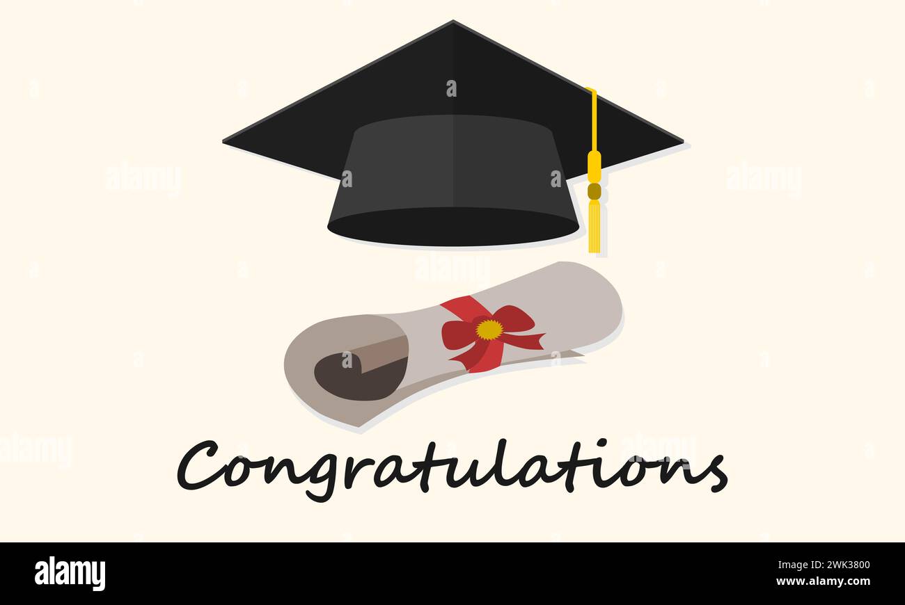 Modello di scheda di congratulazioni con cappuccio graduato e certificato. Illustrazione vettoriale. Illustrazione Vettoriale
