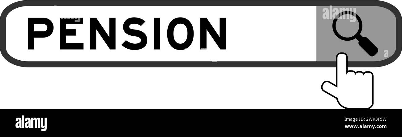 Banner di ricerca in Word Pension con l'icona della lente di ingrandimento a mano su sfondo bianco Illustrazione Vettoriale