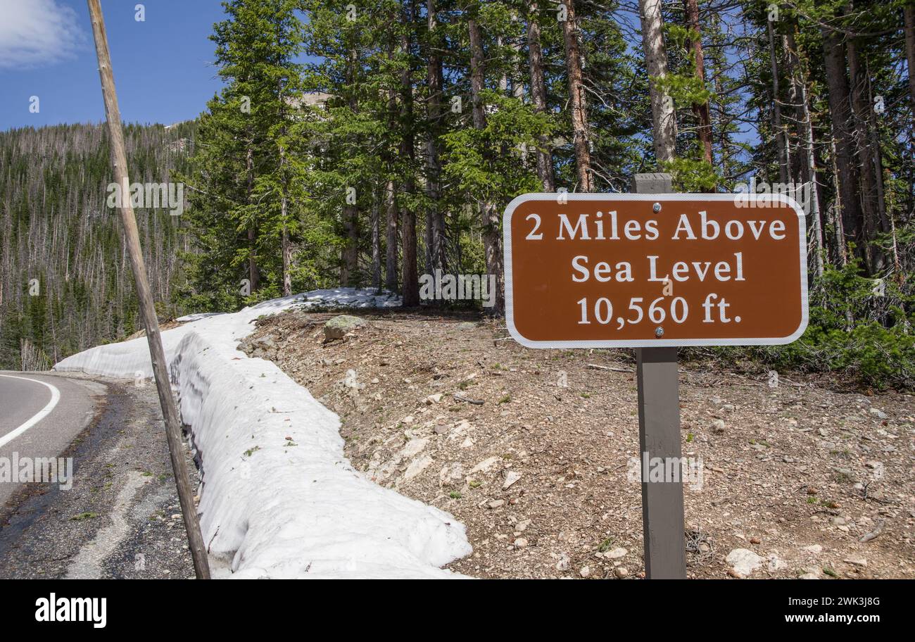A 3 miglia di altezza in Colorado: Oltre 10.000 metri di altezza, a giugno, rimane ancora della neve lungo una strada di montagna del Colorado. Foto Stock