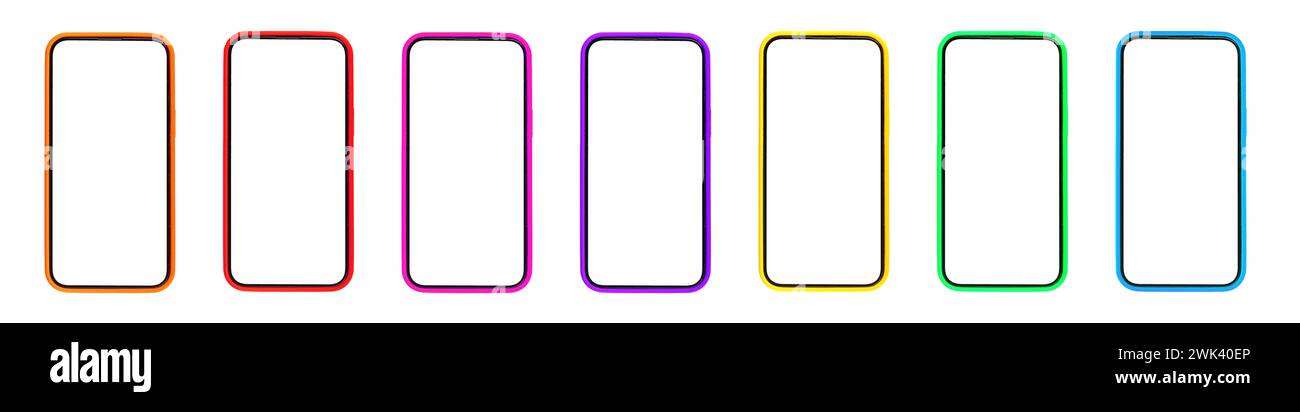 Telefono cellulare in custodie, set di mockup per schermo, mock-up per display smartphone, isolato su sfondo bianco. Foto Stock