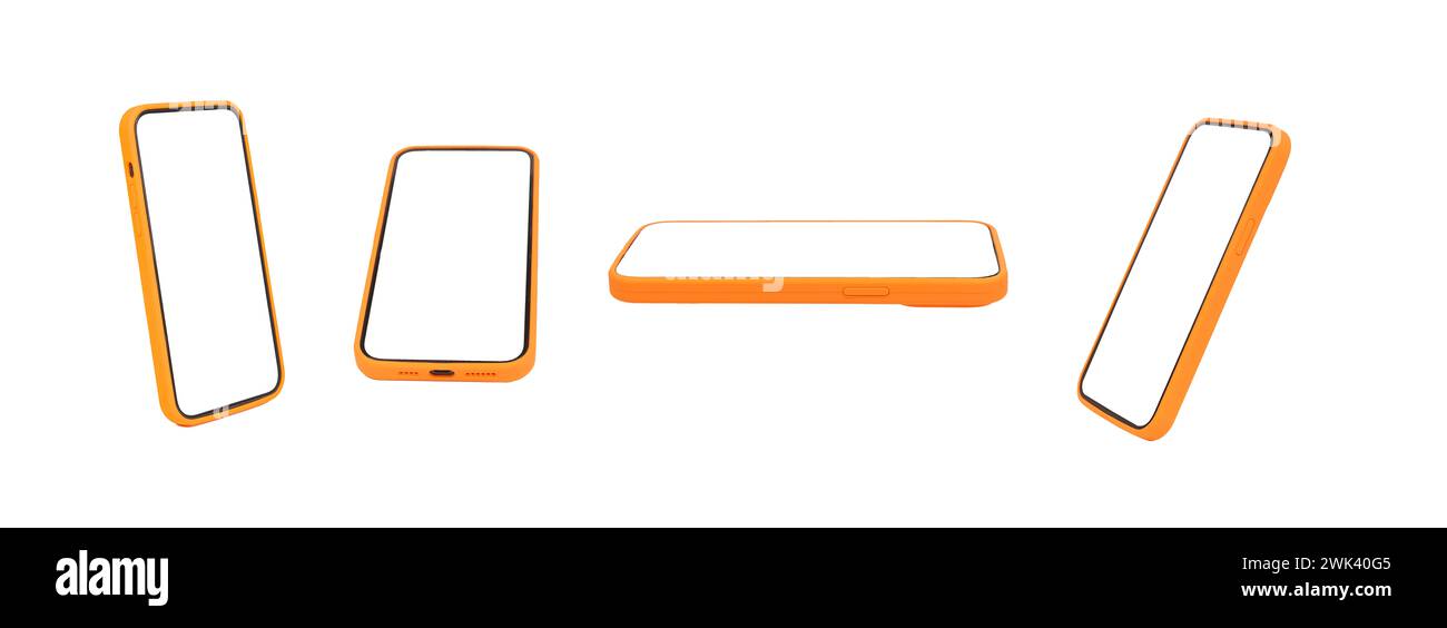 Mock-up dello schermo del telefono cellulare, smartphone in casi da angolazioni impostate, isolato su bianco. Foto Stock