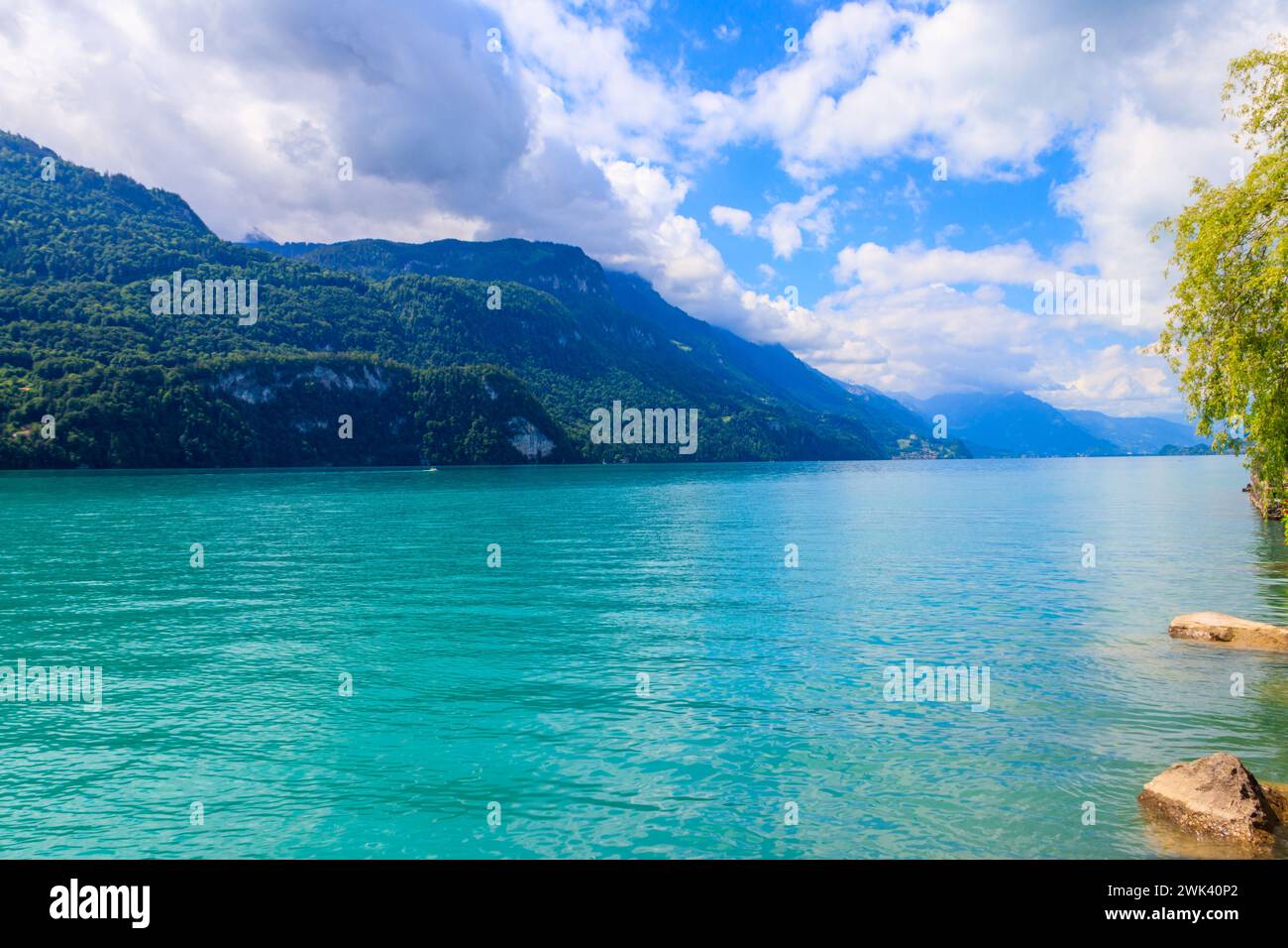 Vista sul lago di Brienz e sulle Alpi svizzere a Brienz, Svizzera Foto Stock