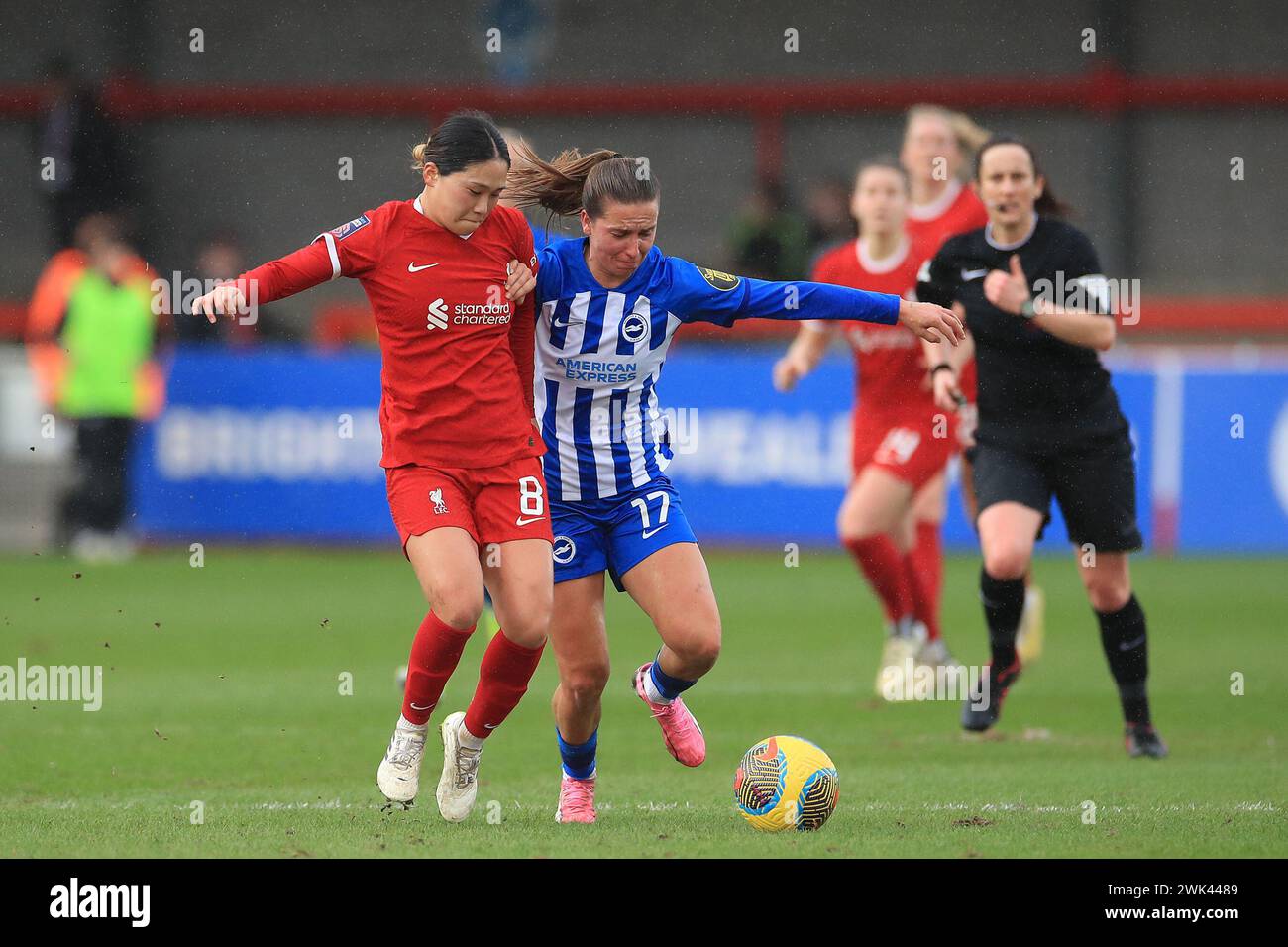 Crawley, Regno Unito. 18 febbraio 2024. Tatiana Pinto di Brighton & Hove Women e Fuka Nagano di Liverpool Women gareggiano per il pallone durante la partita di fa Women's Super League tra Brighton & Hove Albion Women e Liverpool Women al Broadfield Stadium di Crawley, Inghilterra, il 18 febbraio 2024. Foto di Carlton Myrie. Solo per uso editoriale, licenza richiesta per uso commerciale. Non utilizzare in scommesse, giochi o pubblicazioni di singoli club/campionato/giocatori. Crediti: UK Sports Pics Ltd/Alamy Live News Foto Stock