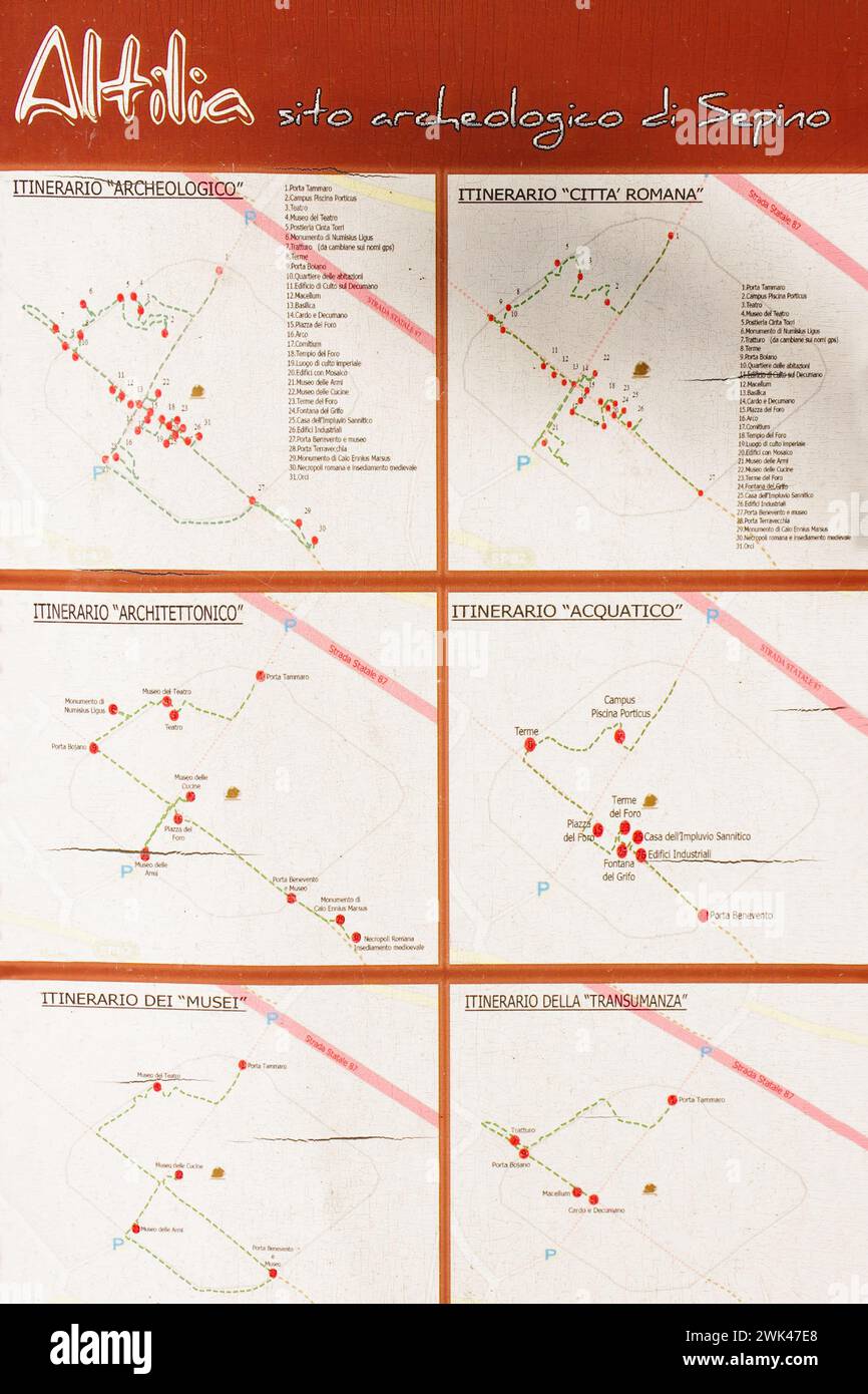 Mappa con gli itinerari dell'area archeologica di Altilia - Sepino - Molise Foto Stock