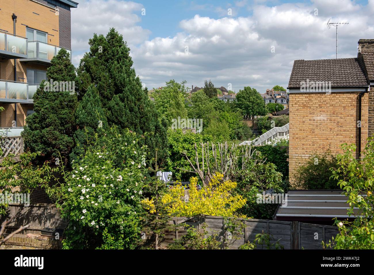 Vista su piccoli e verdeggianti giardini urbani in direzione di Drayton Park con gradini della stazione a metà distanza. Holloway, London Borough di Islington. Foto Stock