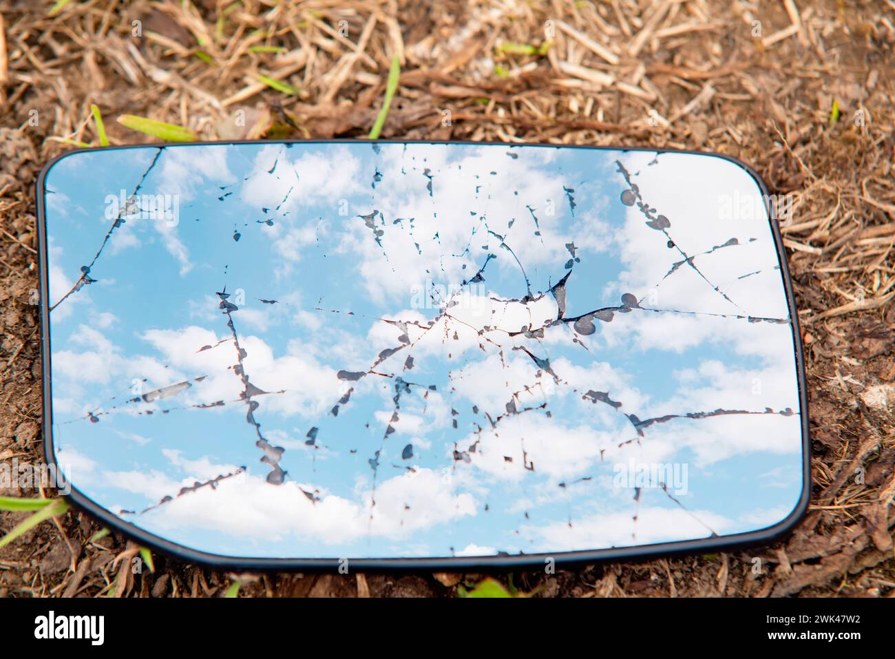 Lo specchio dell'auto è stato spezzato in pezzi sull'erba Foto Stock