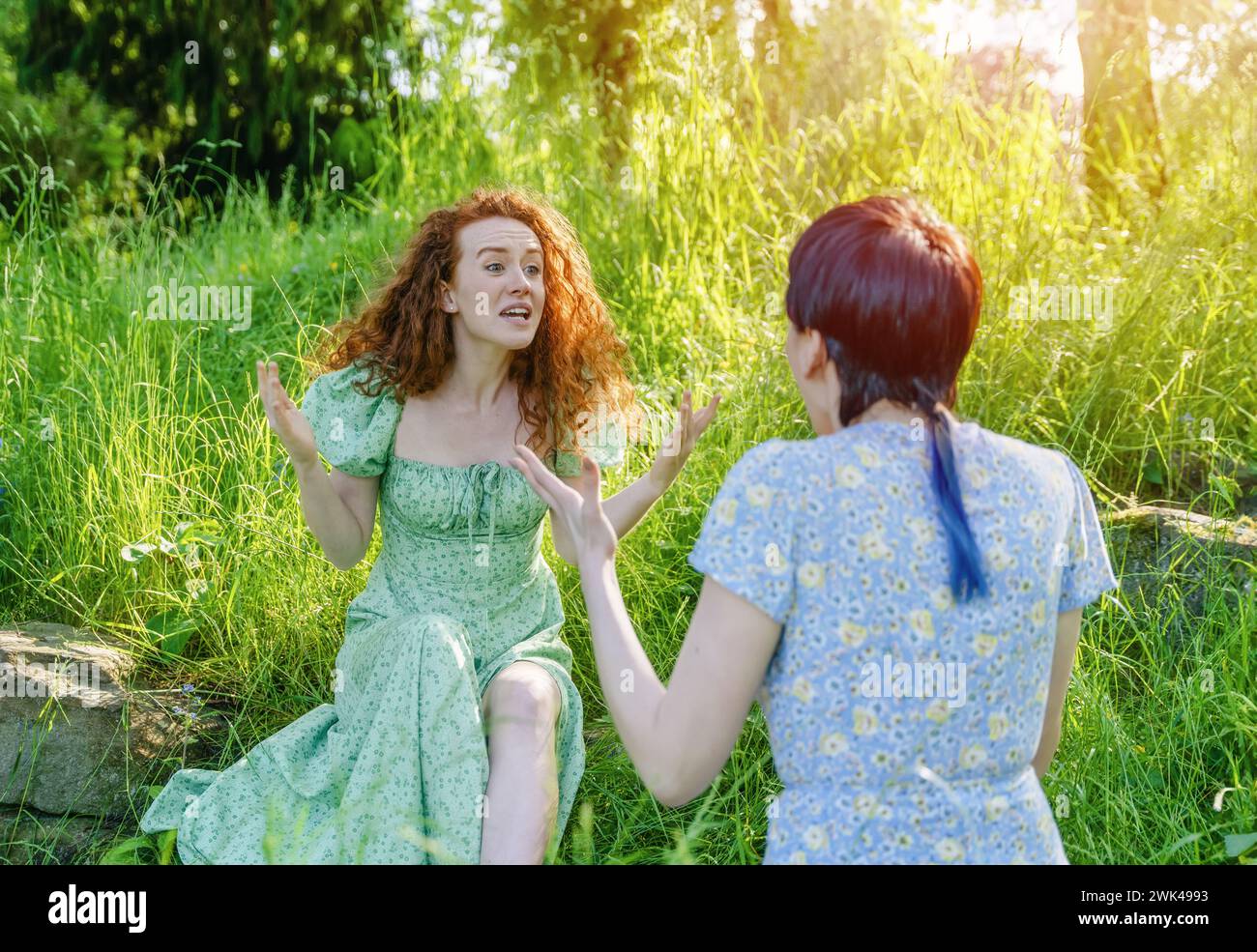 due giovani donne, coppia, fidanzate che giurano e discutono tra loro nel parco. Il concetto di disaccordi in famiglia, tra amici, coupl Foto Stock