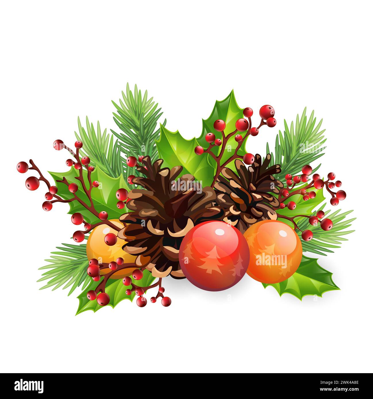 Biglietto d'auguri natalizio con ramo di abete, fiocco con nastro, campane jingle e cono di pino, buon Natale e felice anno nuovo art. Isolato con ombra Foto Stock