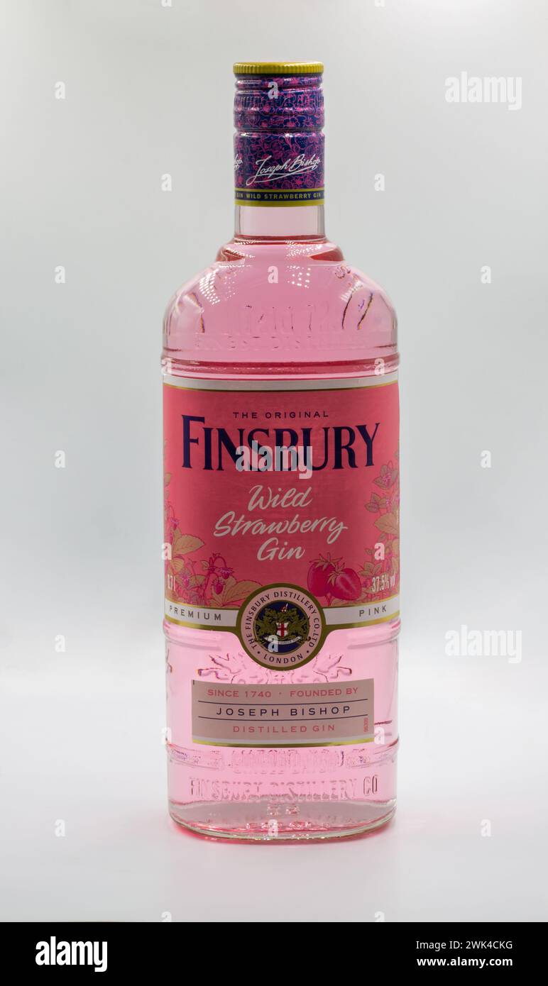 Kiev, Ucraina - 5 ottobre 2023: Primo piano della bottiglia di gin Finsbury Wild Strawberry su sfondo bianco. Foto Stock